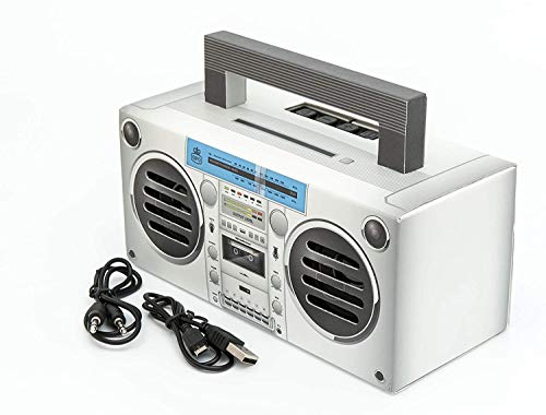 GPO Bronx tragbarer Mini Bluetooth Lautsprecher im Retro Stil mit Akku, USB-/TF-Card/AUX Anschluss, Silber von GPO