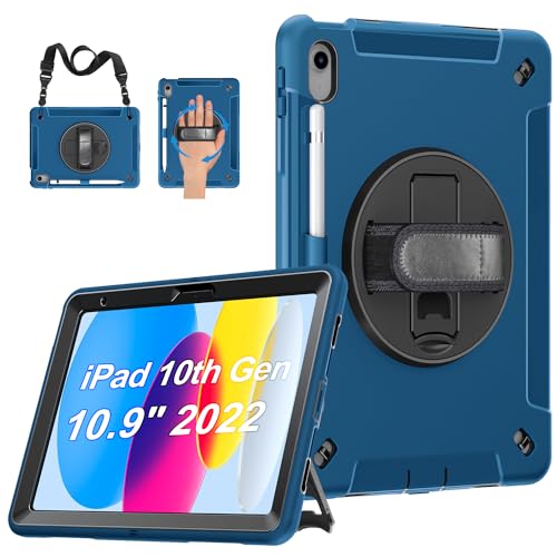 Gralifcare Hülle für iPad 10.Generation 10.9: Militärische 3-Schichte Stoßfeste Schutzhülle für iPad 10.Gen 2022 mit Stifthalter - Drehbarer Ständer - Handschlaufe - Schultergurt (Blau) von GRALIFCARE