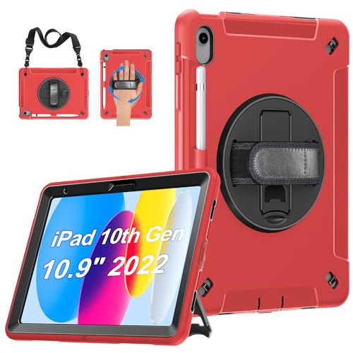 Gralifcare Hülle für iPad 10.Generation 10.9: Militärische 3-Schichte Stoßfeste Schutzhülle für iPad 10.Gen 2022 mit Stifthalter - Drehbarer Ständer - Handschlaufe - Schultergurt (Rot) von GRALIFCARE