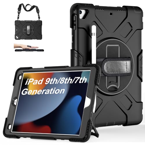 GRALIFCARE Hülle für iPad 9./8./7. Generation：Stoßfeste Hülle für iPad 10.2 Zoll mit Stifthalter-Drehbarer Ständer/Handschlaufe-Schultergurt für iPad 10.2" 2021/2020/2019, Dunkelschwarz von GRALIFCARE