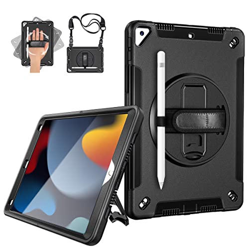 Gralifcare Hülle für iPad 9. Generation 2021:Heavy Duty Stoßfeste Schutzhülle mit Stifthalter - drehbarer Ständer - Handhaben - Schultergurt-für iPad 10.2 Zoll 2021- Schwarz von GRALIFCARE