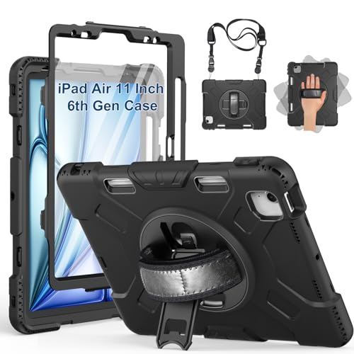 Gralifcare Hülle für iPad Air 11 Zoll (2025/2024) M3/M2, iPad Air 7./6./5./4. Generation Hülle (2022/2020) 10,9 Zoll mit Displayschutz-Stifthalter-Drehbarer Ständer-Handschlaufe-Schultergurt, Schwarz von GRALIFCARE