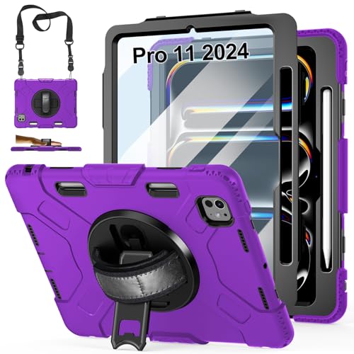 Gralifcare Hülle für iPad Pro 11 M4 (2024), Stoßfeste iPad Pro 11 Hülle mit -Displayschutzfolie-Stifthalter-360° Drehbarer Ständer-Handschlaufe-Schultergurt, Lila von GRALIFCARE