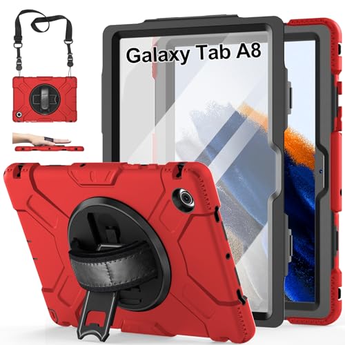 Hülle für Samsung Galaxy Tab A8: 3-Schichte Stoßfeste Hülle für Galaxy Tab A8 10.5 Zoll SM-X200/X205/X207 mit Displayschutz-S-Pen Stifthalter-Drehbarer Ständer-Handschlaufe-Schultergurt,Schwarz+Rot von GRALIFCARE