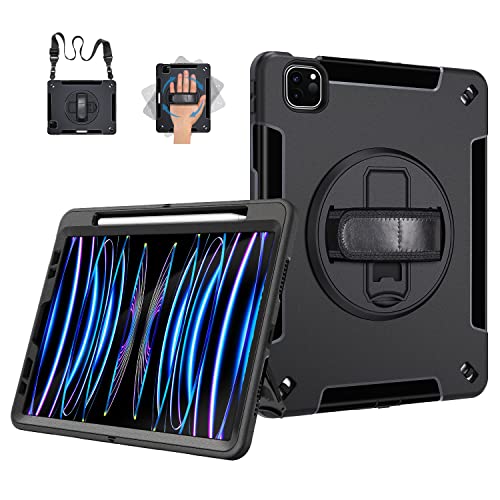 Gralifcare Hülle für iPad Pro 11(2022/2021,4./3. Generation):3-Schichte Stoßfeste Hülle für iPad Pro 11 Zoll mit Stifthalter - 360° Drehbarer Ständer - Handschlaufe - Schultergurt - Schwarz von GRALIFCARE