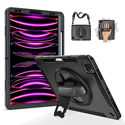 Hülle für iPad Pro 12.9 (6./5. Generation, 2022/2021): Militärische 3-Schichte Stoßfeste Hülle für iPad 12.9 Zoll mit Stifthalter - 360° Drehbarer Ständer - Handschlaufe - Schultergurt - Schwarz von GRALIFCARE