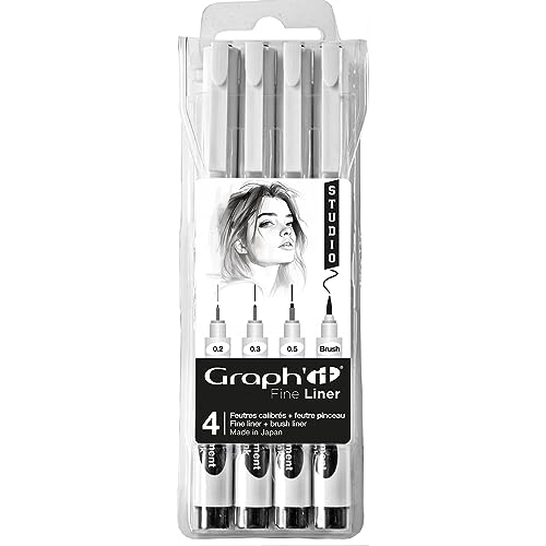 GRAPH'IT Fine Liner Studio 3er Pack (0,2-0,3-0,5) + 1 Liner Brush Pinselspitze, Pigmenttinte auf Wasserbasis, lichtecht und schrubbfest von GRAPH'IT