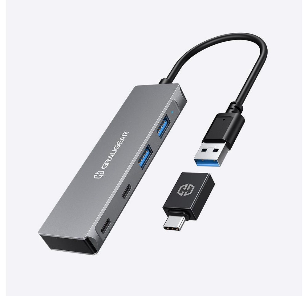 GRAUGEAR 4 Ports USB 3.0 HUB USB-Adapter, 2x USB C, 2x USB A, Aluminium, Kabellänge 20 cm, USB Type C Adapter von GRAUGEAR