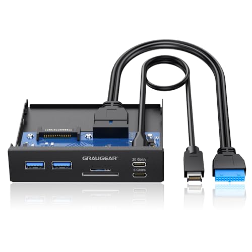 GRAUGEAR 6-Schnittstellen Front-Panel in 3,5 Zoll, USB3.2 Gen2x2 Typ-C bis zu 20Gbit/s, 2xUSB-A+USB-C, SD+microSD Kartenleser,Key-A 20-pin & 19-pin Header, Metall von GRAUGEAR