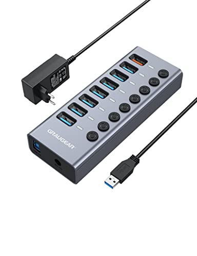 GRAUGEAR | 7-Ports USB 3.0 HUB-Charger | Extra 1x Schnellladen-Port | Einzelnen EIN/Aus Schalter | Aluminium | mit 48W (12V/4A) Netzteil | G-HUB71-A, Gray von GRAUGEAR