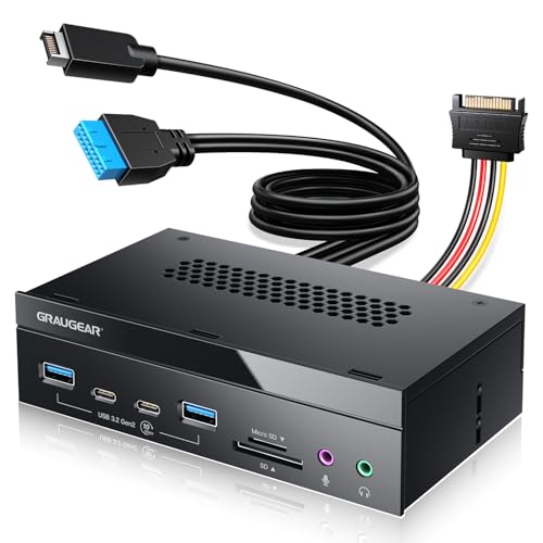 GRAUGEAR 8-Schnittstellen [10 Gbit/s] Frontpanel in 5,25 Zoll mit 2X USB-C und 2X USB-A USB 3.2 Gen2 10 Gbps, SD & microSD Kartenleser, Audio I/O, Mikrofon, Kopfhörer Ports von GRAUGEAR
