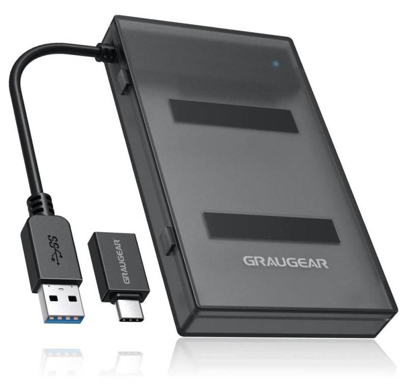 GRAUGEAR Festplattenhülle G-2603-AC, USB 3.0 Adapter für 2,5" SSD HDD Festplatten mit Schutzbox USB C von GRAUGEAR