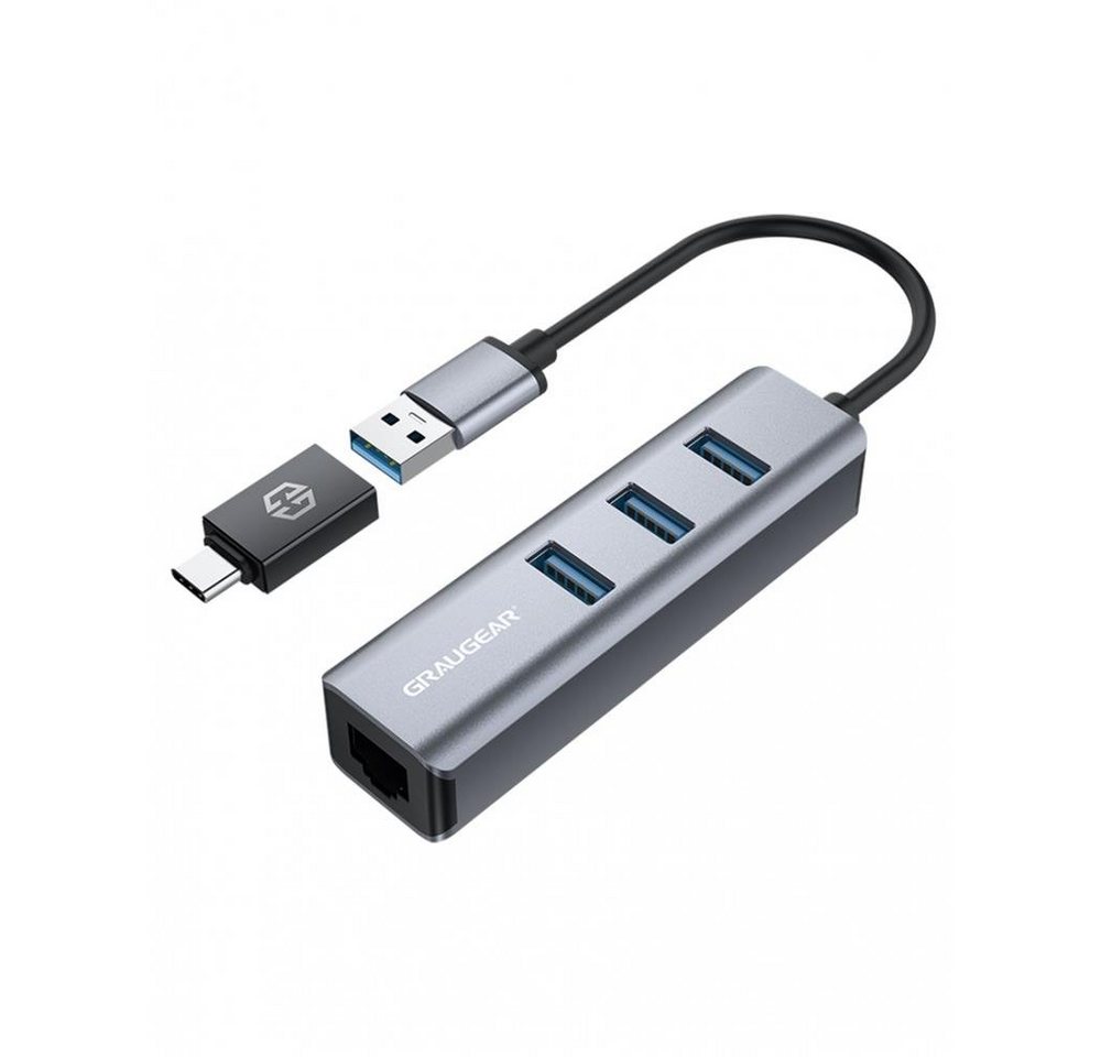 GRAUGEAR G-HUB31L-AC USB-Adapter, USB HUB 3x USB 3.0 Ports Type A Gigabit LAN Adapter Aluminium von GRAUGEAR