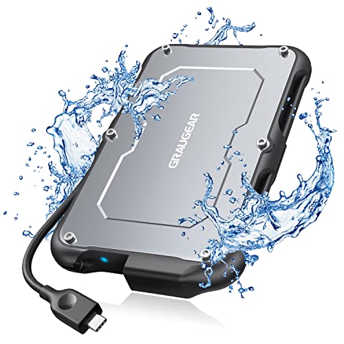 GRAUGEAR USB-C Externes Gehäuse für 2,5 Zoll SATA SSD/HDD, UASP, USB 3.2 Gen2, IP66 Wasserdicht, Stoßfest, Integriertes USB-C Kabel, G-2502-C-10G von GRAUGEAR