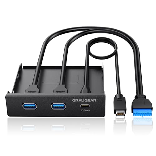 GRAUGEAR USB3.2 Gen2x2 20Gbps USB-C Front-Panel in 3,5 Zoll, USB-HUB Typ-C bis zu 20Gbit/s + 2X USB-A bis zu 5Gbit/s, Key-A 20-pin & 19-pin Header, Metall PC-Frontblende von GRAUGEAR