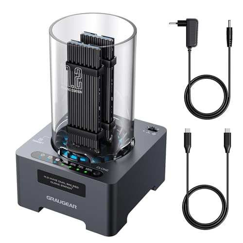 GRAUGEAR M2 NVMe SSD-Clone-Station [20Gbit/s] für 2X M.2 PCIe SSDs, Unterstützt 22100/2280/2260/2242/2230 M-Key, USB3.2 Gen2x2, Leiser-Lüfter, Netzteil von GRAUGEAR
