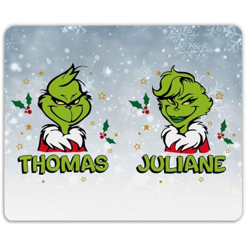 GRAVURZEILE Bedrucktes Mousepad - Grinch - Personalisiert mit Name - Mauspad als Geschenk zu Weihnachten für Büro & Gaming - rutschfeste Gummi-Unterseite - 23 x 19 cm - Farbe Grinch Paar von GRAVURZEILE