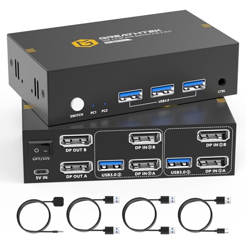 8K@60Hz KVM Switch Displayport 2 PC 2 Monitore, USB3.0 KVM Switches 2 Monitore mit 3 USB 3.0 Port, DP1.4 KVM Switches mit Desktop-Controller, Hohe Kompatibilitä, Mehrere USB-Geräte teilen von GREATHTEK