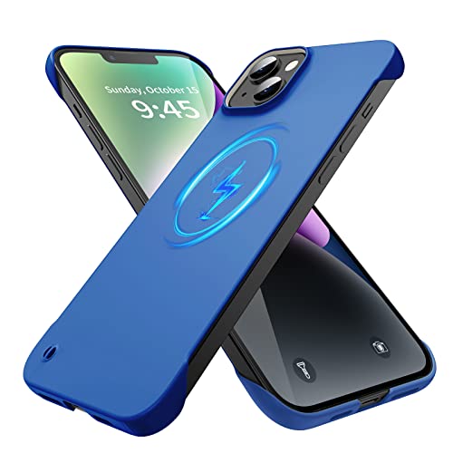 GRECAZO Magnetische, schlanke Schutzhülle für iPhone 14 Plus, Handyhülle 6.7 Zoll (2022), ultradünn, leicht, langlebig, rahmenlos, matt, MagSafe, Schutzhülle mit Zugring, rutschfestes Seil, Blau von GRECAZO