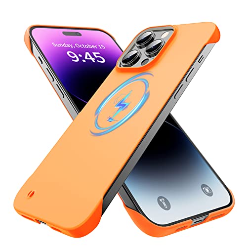 GRECAZO Magnetische, schlanke Schutzhülle für iPhone 14 Pro Handyhülle 6.1 Zoll (2022), ultradünn, leicht, langlebig, rahmenlos, matt, Hartschale, MagSafe, rutschfestes Seil, Orange von GRECAZO