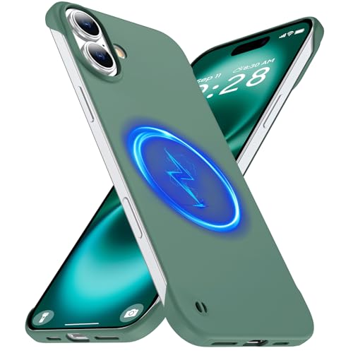 GRECAZO Magnetische schlanke Schutzhülle für iPhone 16, 15,5 cm (6,1 Zoll) (2024), ultradünn, leicht, langlebig, rahmenlos, matt, hart, mit Zugring, stoßfest, rutschfest, Dunkelgrün von GRECAZO