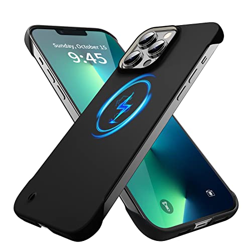 GRECAZO Magnetisches Slim Case für iPhone 13 Pro Handyhülle 6,1" (2021) Ultraleichte Dünne Rahmenlose Matte Hart MagSafe Abdeckung mit Zugring Stoßfestem rutschfestem Seil - Schwarz von GRECAZO