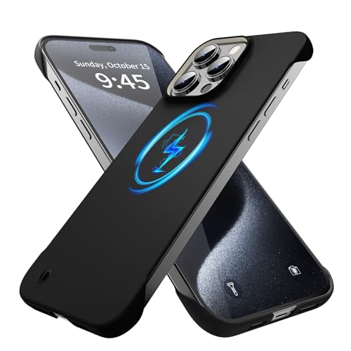 GRECAZO Magnetisches Slim Case für iPhone 15 Pro Handyhülle 6,1" (2023) Ultraleichte Dünne Rahmenlose Matte Hart MagSafe Abdeckung mit Zugring Stoßfestem rutschfestem Seil - Schwarz von GRECAZO