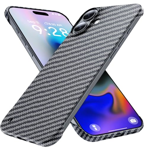 GRECAZO Schutzhülle für iPhone 16, ultradünn, mattiert, weiche Oberfläche, randlos, Kohlefaser, Stoßstruktur, 15,5 cm (6,1 Zoll), schlank, minimalistisch, leicht, rahmenlos, matt, Hartschale, Schwarz von GRECAZO
