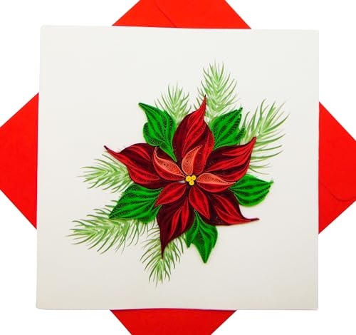 GREENHANDSHAKE Weihnachtskarte mit Quilling-Motiv aus der 3D-Kollektion – einzigartige, handgefertigte Design-Grußkarte für alle Anlässe (roter Weihnachtsstern und Blumen) von GREENHANDSHAKE