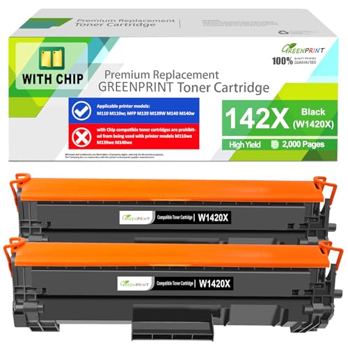 Kompatibles Toner-Modul CHIP 142X W1420X (W1420A 142A) 2 Schwarz Hohe Reichweite 2000 Seiten für H P Drucker M110 M110w M139 M140 M140w【Nicht Kompatibel mit H P + Druckermodellen die auf "e" Enden】 von GREENPRINT