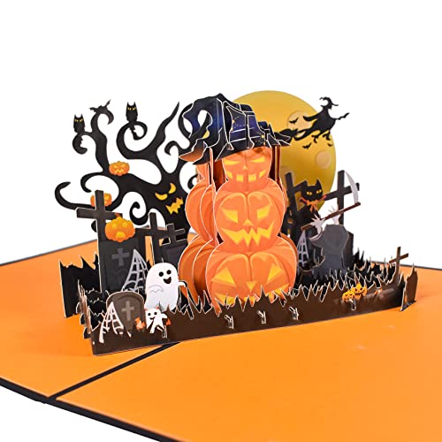 GREETING ART 3D Halloween Karte,Pop Up Karte Halloween,Pop Up Karte mit gruseligem Geist Kürbis Hexe Mond,Happy Halloween Karte für Kinder von GREETING ART