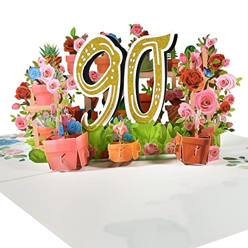 GREETING ART 90. Geburtstagskarte, Pop-up-Karte zum 90 Jahrestag,Blume Pop Up Grußkarten, 3D Pop Up Karte Geburtstag Grußkarte für Frauen Mütter Ehefrau Männer Freunde Romantik Geschenk-Karte von GREETING ART