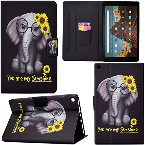 GRENJ Ooboom Hülle für Amazon Fire HD 10 2017/2019, PU Leder Flip Smart Cover Schutzhülle Dünn Tasche Brieftasche Wallet Case Ständer mit Kartenfächer Magnetverschluss - Elefant von GRENJ