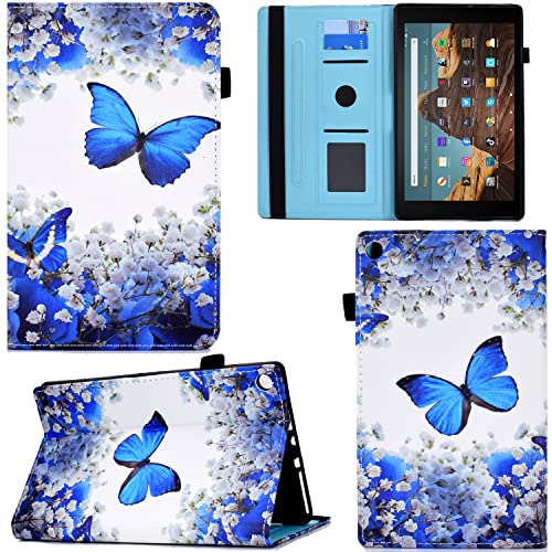 GRENJ Ooboom Hülle für Amazon Fire HD 8 2016/2017/2018, PU Leder Flip Smart Cover Schutzhülle Tasche Brieftasche Wallet Case Schale Ständer mit Kartenfächer Gummiband - Blau Schmetterling von GRENJ