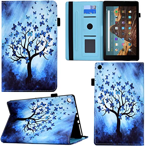 GRENJ Ooboom Hülle für Amazon Fire HD 8 2016/2017/2018, PU Leder Flip Smart Cover Schutzhülle Tasche Brieftasche Wallet Case Schale Ständer mit Kartenfächer Gummiband - Schmetterling Baum von GRENJ