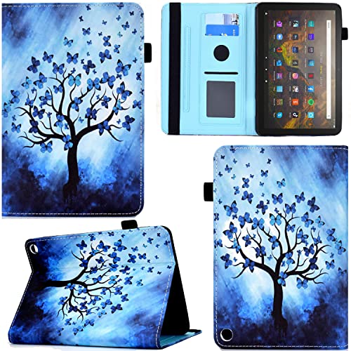 GRENJ Ooboom Hülle für Fire HD 8 2020/Fire HD 8 Plus Tablet 2020, PU Leder Flip Smart Cover Schutzhülle Tasche Brieftasche Wallet Case Schale Ständer mit Kartenfächer Gummiband - Schmetterling Baum von GRENJ