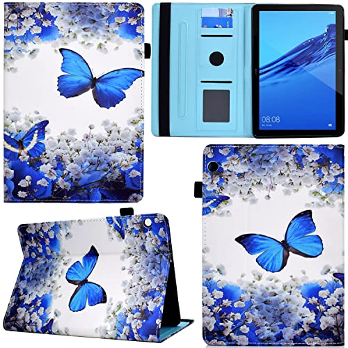 GRENJ Ooboom Hülle für Huawei MediaPad T5 10,1", PU Leder Flip Smart Cover Schutzhülle Tasche Brieftasche Wallet Case Schale Ständer mit Kartenfächer Gummiband - Blau Schmetterling von GRENJ