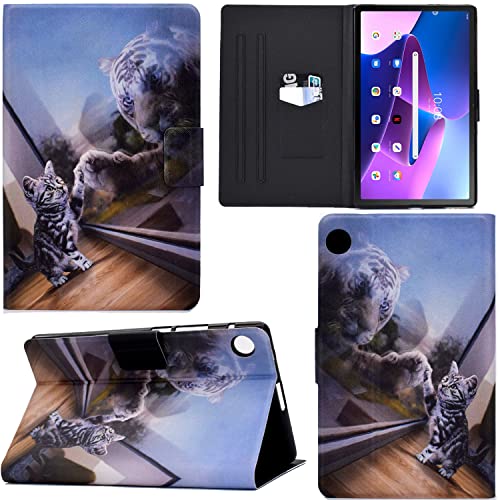 GRENJ Ooboom Hülle für Lenovo Tab M10 FHD Plus 10,3" Tablet, PU Leder Flip Smart Cover Schutzhülle Dünn Tasche Brieftasche Wallet Case Ständer mit Kartenfächer Magnetverschluss - Katze Tiger von GRENJ