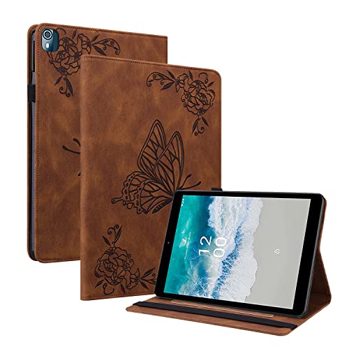 GRENJ Ooboom Hülle für Nokia T10, Retro Butterfly Flower Pattern Flip Smart Cover Wallet PU Leather Bag Stand Card Slots Holder Elastic Band - Braun von GRENJ