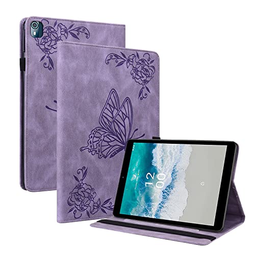 GRENJ Ooboom Hülle für Nokia T10, Retro Butterfly Flower Pattern Flip Smart Cover Wallet PU Leather Bag Stand Card Slots Holder Elastic Band - Lavendel von GRENJ