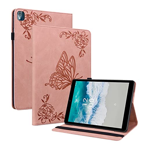 GRENJ Ooboom Hülle für Nokia T10, Retro Butterfly Flower Pattern Flip Smart Cover Wallet PU Leather Bag Stand Card Slots Holder Elastic Band - Rosa von GRENJ