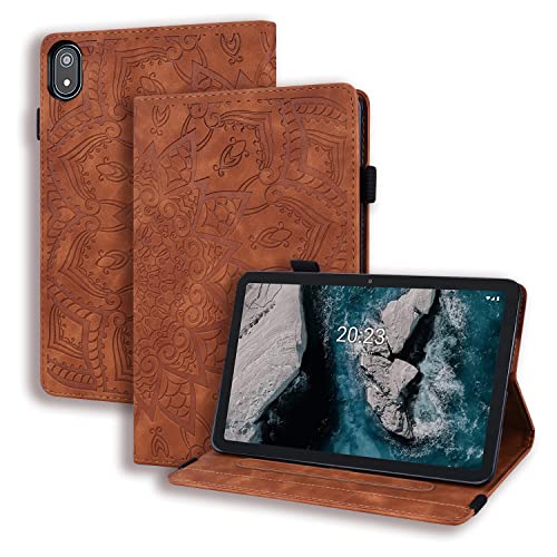 GRENJ Ooboom Hülle für Nokia T20 Tablet, Mandala Muster Flip Smart Cover PU Leder Schutzhülle Tasche Brieftasche Multi-Winkel Wallet Case Ständer mit Kartenfächer - Braun von GRENJ