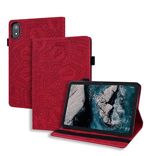 GRENJ Ooboom Hülle für Nokia T20 Tablet, Mandala Muster Flip Smart Cover PU Leder Schutzhülle Tasche Brieftasche Multi-Winkel Wallet Case Ständer mit Kartenfächer - Rot von GRENJ