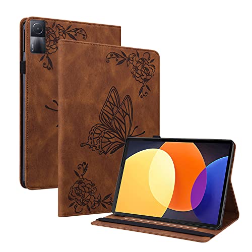 GRENJ Ooboom Hülle für Xiaomi Redmi Pad, Retro Butterfly Flower Pattern Flip Smart Cover Wallet PU Leather Bag Stand Card Slots Holder Elastic Band - Braun von GRENJ