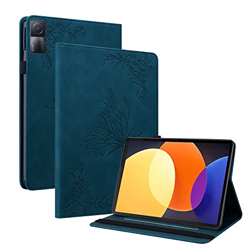 GRENJ Ooboom Hülle für Xiaomi Redmi Pad, Retro Butterfly Flower Pattern Flip Smart Cover Wallet PU Leather Bag Stand Card Slots Holder Elastic Band - Dunkelblau von GRENJ