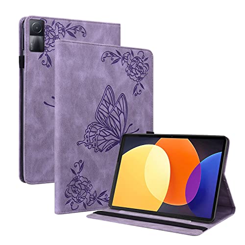 GRENJ Ooboom Hülle für Xiaomi Redmi Pad, Retro Butterfly Flower Pattern Flip Smart Cover Wallet PU Leather Bag Stand Card Slots Holder Elastic Band - Lavendel von GRENJ