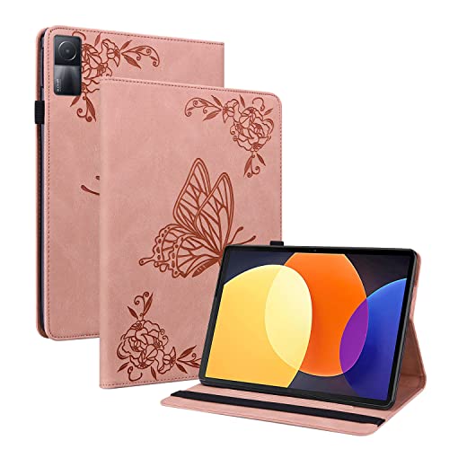 GRENJ Ooboom Hülle für Xiaomi Redmi Pad, Retro Butterfly Flower Pattern Flip Smart Cover Wallet PU Leather Bag Stand Card Slots Holder Elastic Band - Rosa von GRENJ