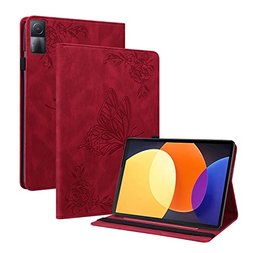 GRENJ Ooboom Hülle für Xiaomi Redmi Pad, Retro Butterfly Flower Pattern Flip Smart Cover Wallet PU Leather Bag Stand Card Slots Holder Elastic Band - Rot von GRENJ