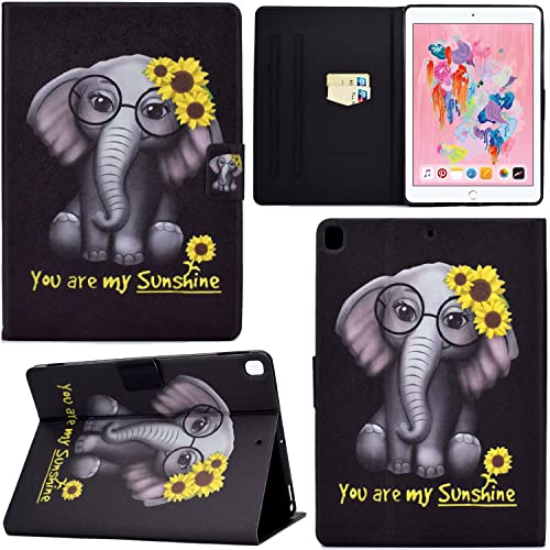 GRENJ Ooboom Hülle für iPad 10,2"/iPad Pro 10,5/iPad Air 10,5, PU Leder Flip Smart Cover Schutzhülle Dünn Tasche Brieftasche Wallet Case Ständer mit Kartenfächer Magnetverschluss - Elefant von GRENJ