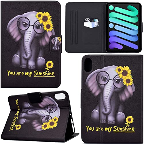 GRENJ Ooboom Hülle für iPad Mini6 2021, PU Leder Flip Smart Cover Schutzhülle Dünn Tasche Brieftasche Wallet Case Ständer mit Kartenfächer Magnetverschluss - Elefant von GRENJ